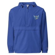 Ukrainian Vibe Trizub Collection Women's Embroidered Champion Packable Jacket, wind and rain resistant, blue color with trident design.