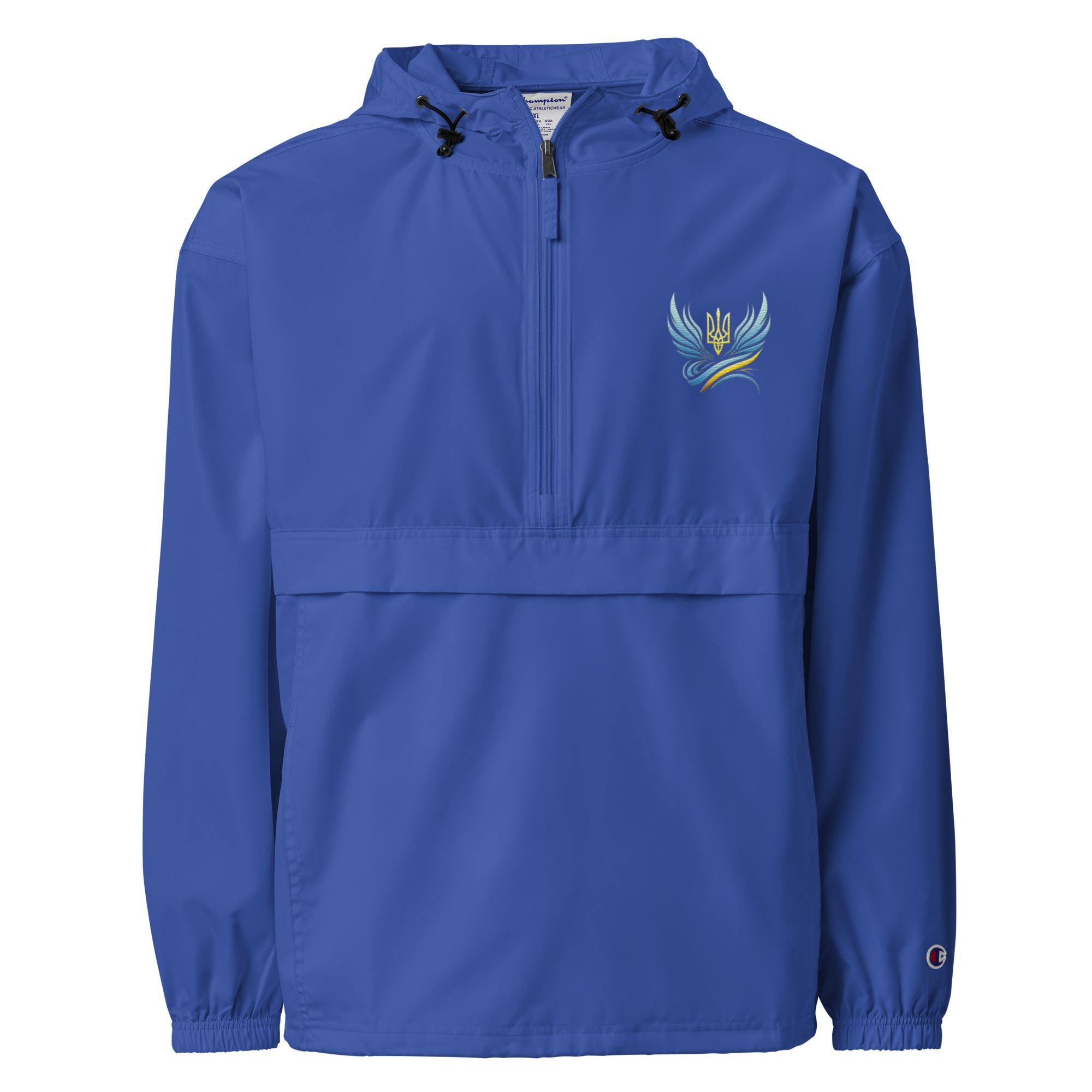 Ukrainian Vibe Trizub Collection Women's Embroidered Champion Packable Jacket, wind and rain resistant, blue color with trident design.