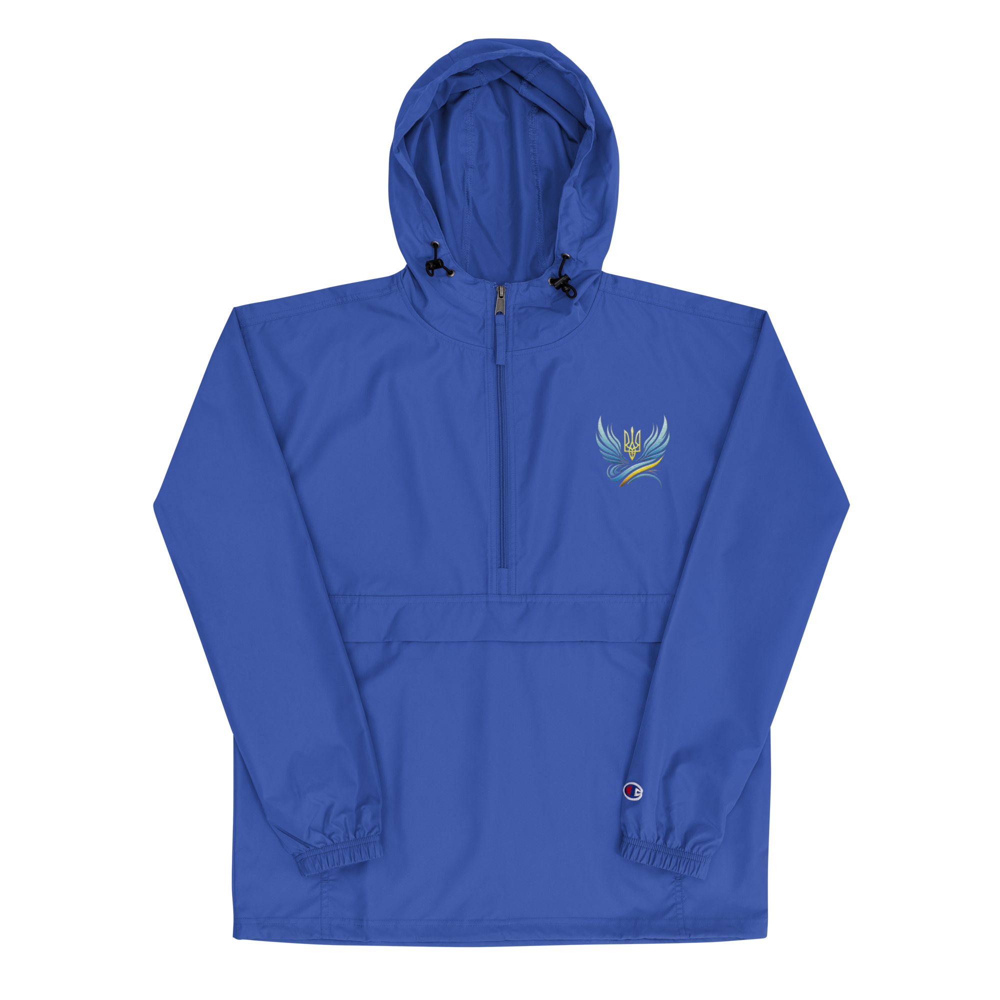 Ukrainian Vibe Trizub embroidered blue Champion packable jacket with hood and kangaroo pocket for women, wind and rain resistant