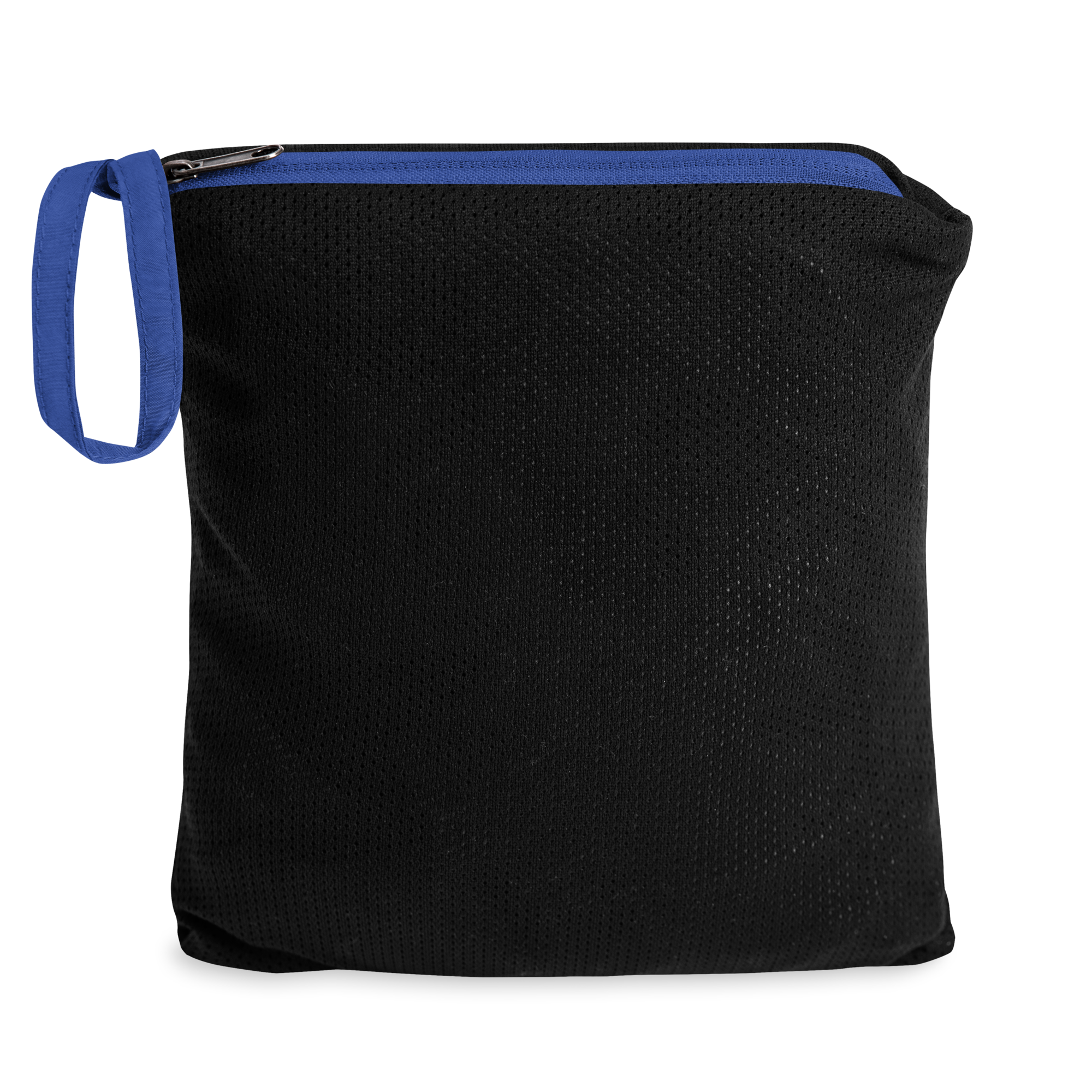 Compact blue and black pouch from the Ukrainian Vibe Trizub Collection packable jacket, ideal for easy storage and travel.