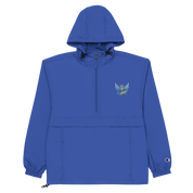 Blue embroidered Champion packable jacket for women from Ukrainian Vibe Trizub Collection, featuring a hood and kangaroo pocket.