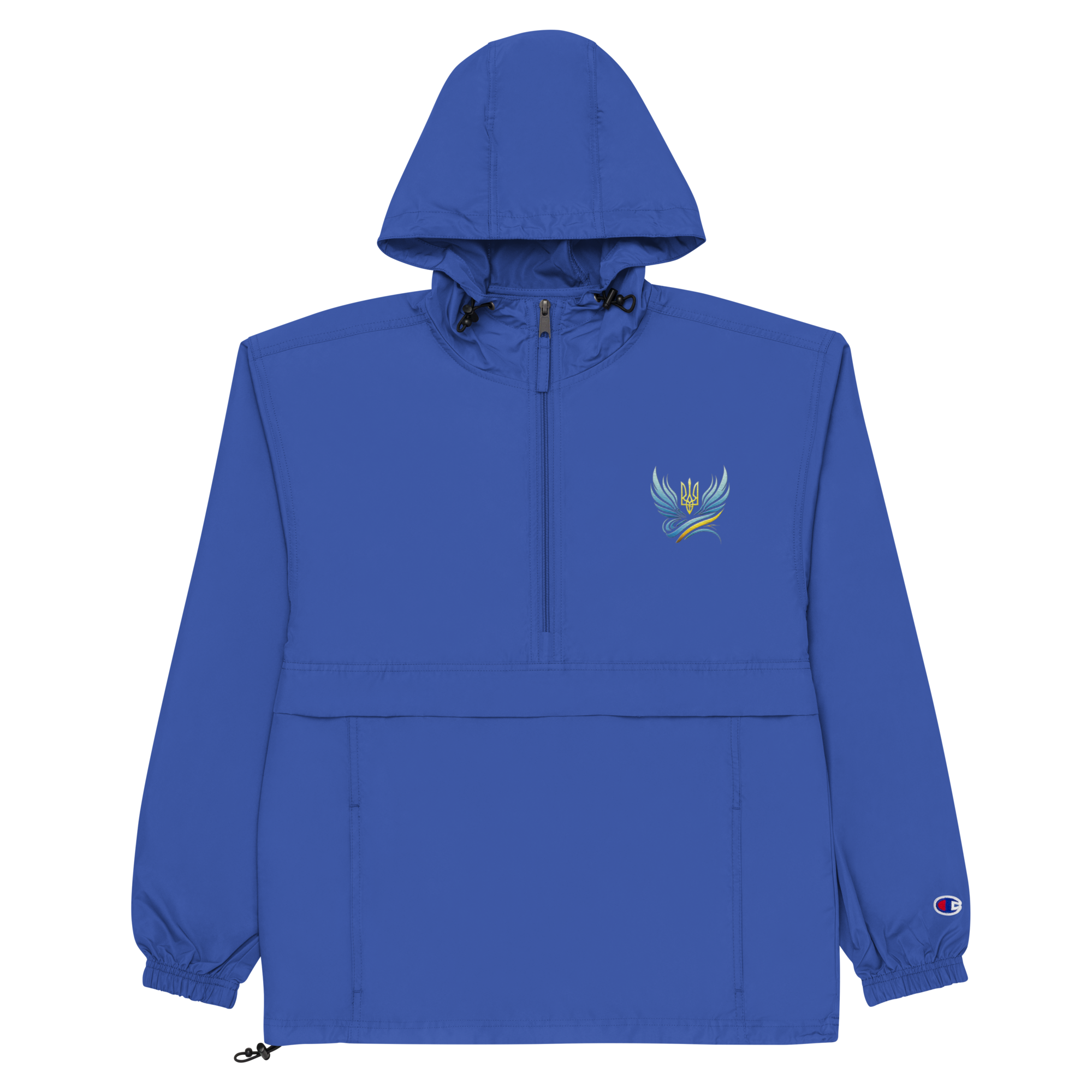 Blue embroidered Champion packable jacket for women from Ukrainian Vibe Trizub Collection, featuring a hood and kangaroo pocket.