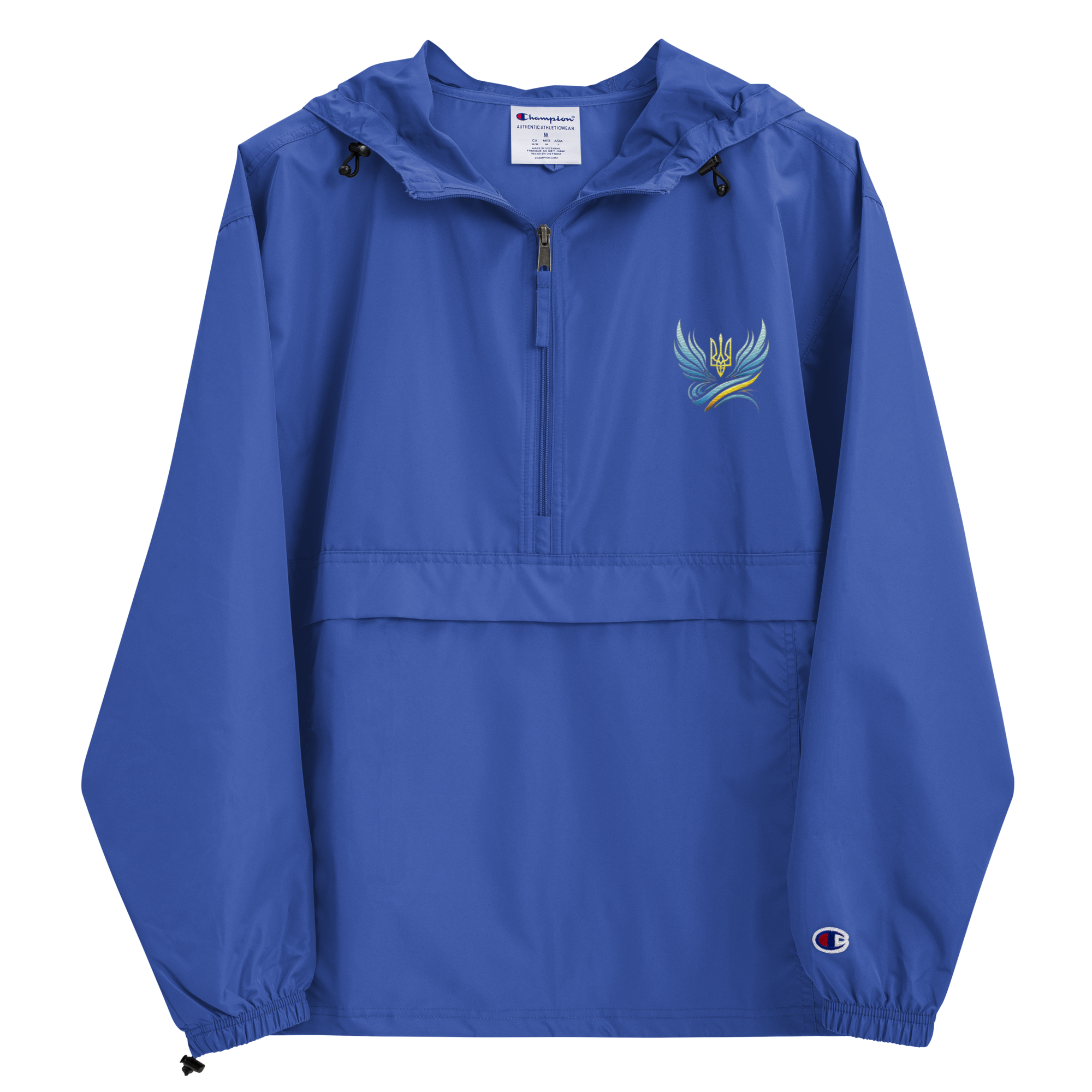 Blue embroidered Champion packable jacket from the Ukrainian Vibe Trizub Collection with a hood and kangaroo pocket.