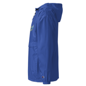 Side view of blue embroidered Champion packable jacket from Ukrainian Vibe Trizub Collection for women, featuring a hood and pocket.
