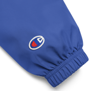 Champion packable jacket sleeve with embroidered logo, part of the Ukrainian Vibe Trizub Collection for women, blue color