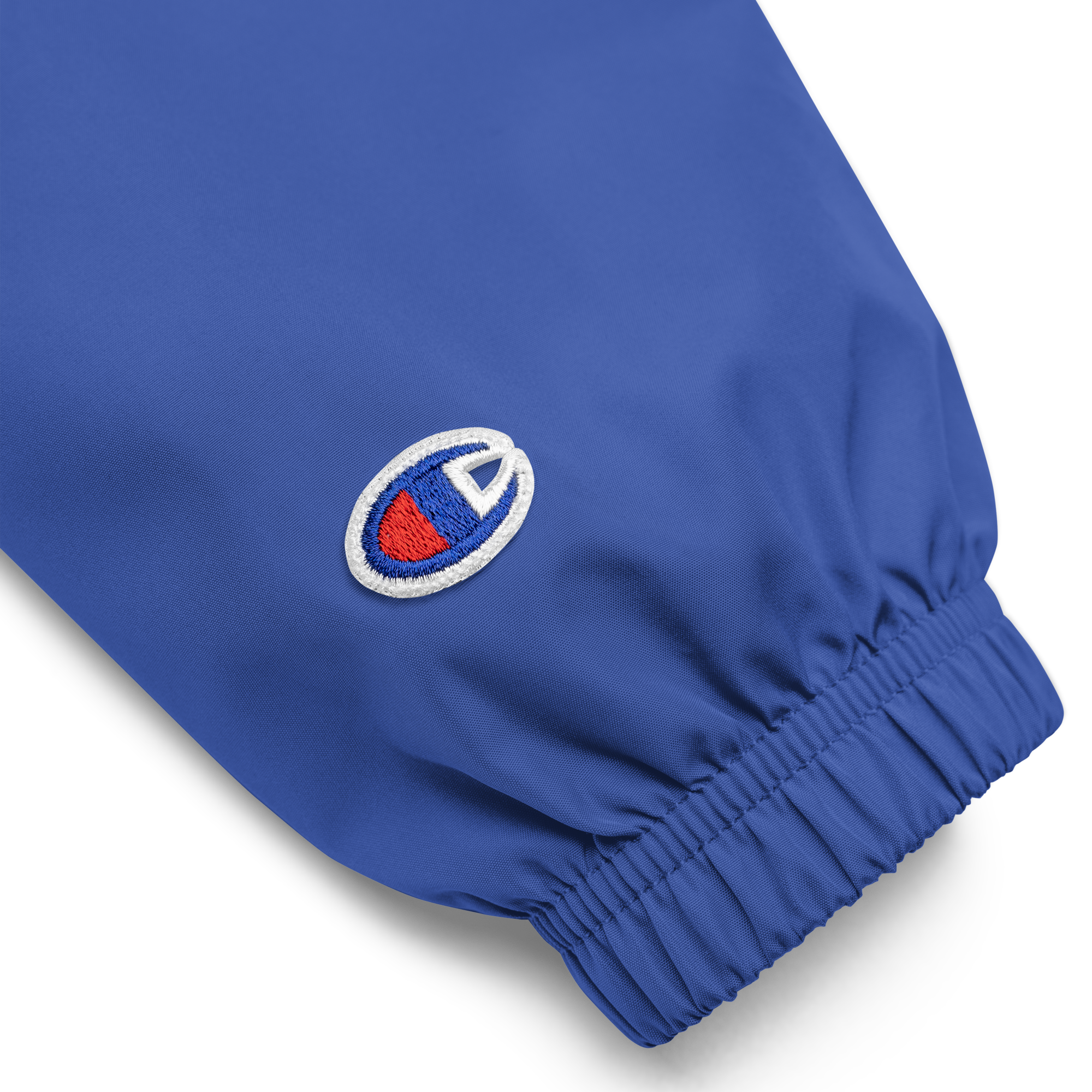 Champion packable jacket sleeve with embroidered logo, part of the Ukrainian Vibe Trizub Collection for women, blue color