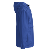 Side view of blue Ukrainian Vibe Trizub Collection embroidered Champion packable jacket for women with hood and pockets.