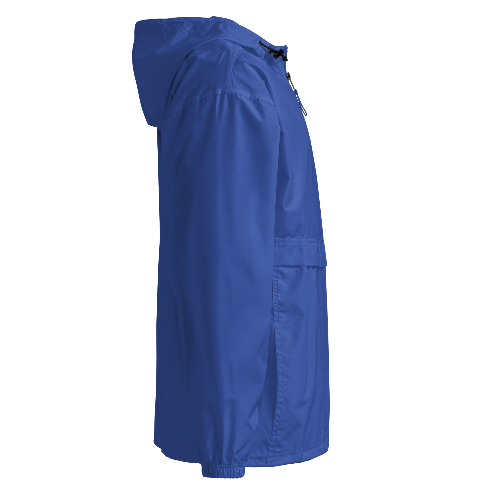 Side view of blue Ukrainian Vibe Trizub Collection embroidered Champion packable jacket for women with hood and pockets.