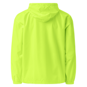Back view of neon green Champion packable jacket from Ukrainian Vibe Trizub Collection, featuring hood and durable polyester material.