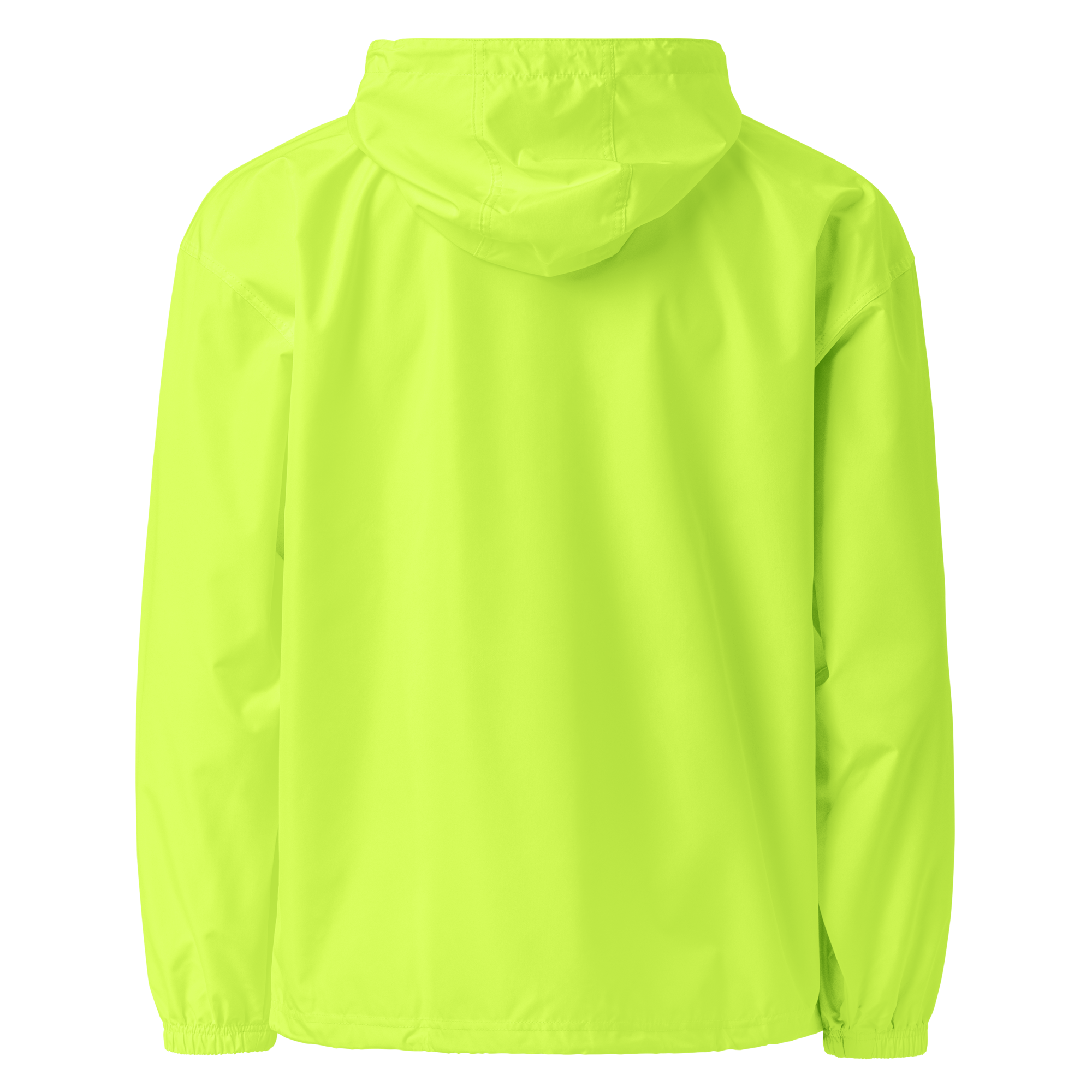 Back view of neon green Champion packable jacket from Ukrainian Vibe Trizub Collection, featuring hood and durable polyester material.
