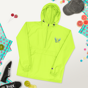 Champion embroidered packable jacket from Ukrainian Vibe Trizub Collection in vibrant yellow with hood and practical pockets.