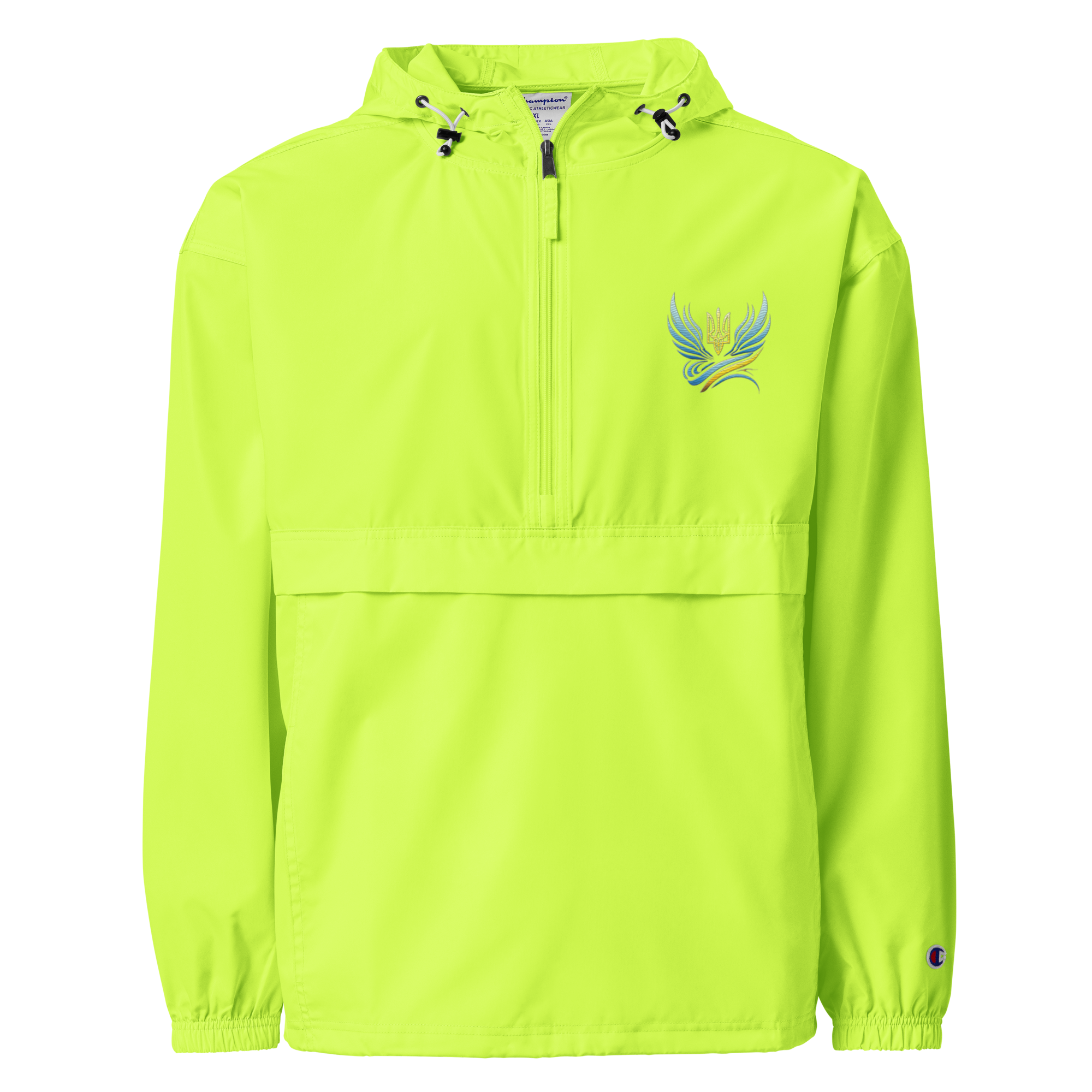 Bright green Champion packable jacket with embroidery from Ukrainian Vibe Trizub Collection, featuring hood and kangaroo pocket.