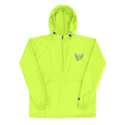 Ukrainian Vibe Trizub women's packable jacket in neon yellow with embroidered design, featuring hood and kangaroo pocket.
