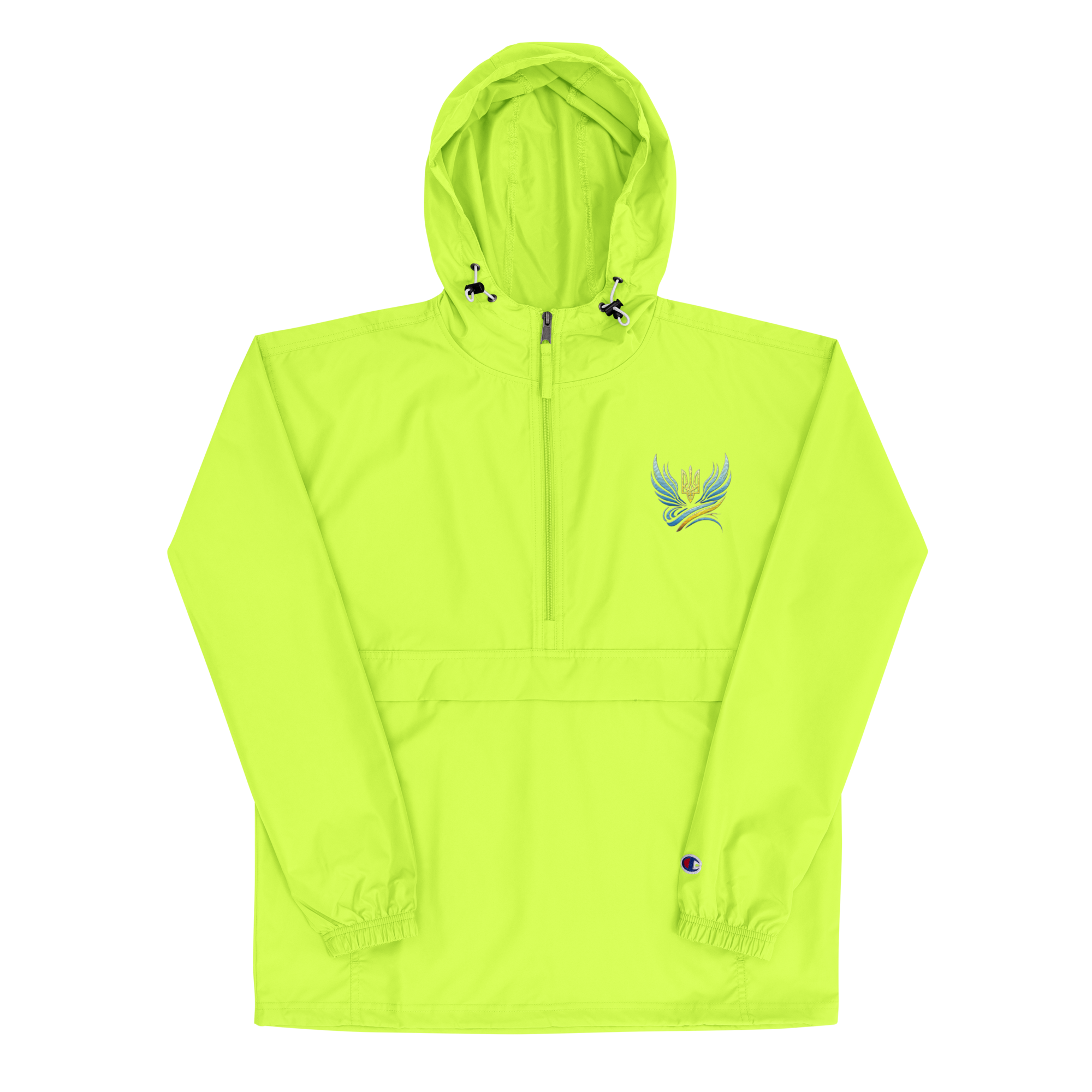 Ukrainian Vibe Trizub women's packable jacket in neon yellow with embroidered design, featuring hood and kangaroo pocket.