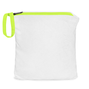 White pouch with neon green zipper from the Ukrainian Vibe Trizub Collection, suitable for compact storage of the Champion jacket.