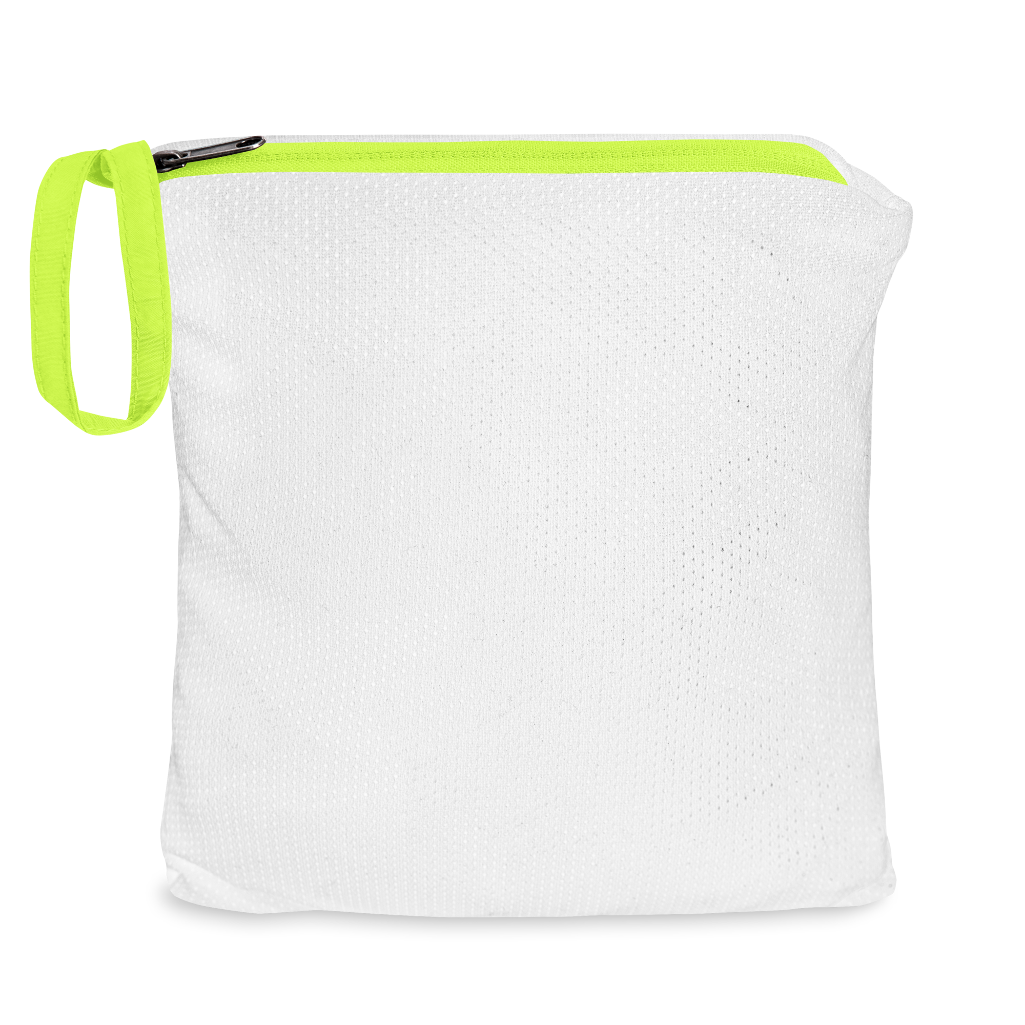 White pouch with neon green zipper from the Ukrainian Vibe Trizub Collection, suitable for compact storage of the Champion jacket.