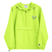 Embroidered Champion Packable Jacket in lime green from Ukrainian Vibe Trizub Collection with hood and kangaroo pocket