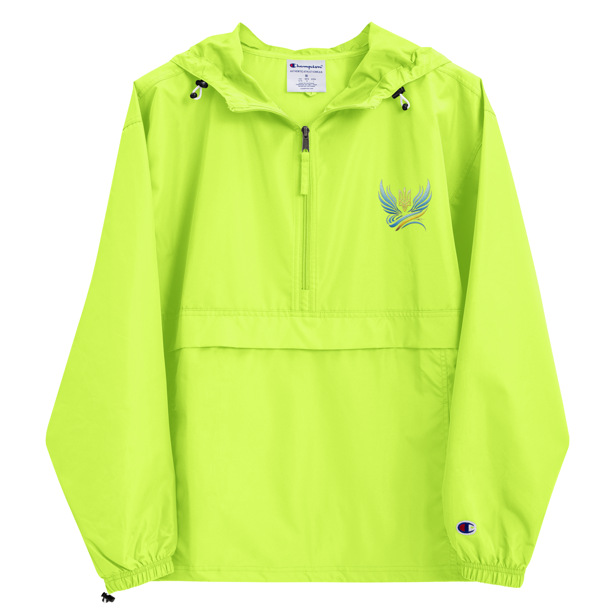 Embroidered Champion Packable Jacket in lime green from Ukrainian Vibe Trizub Collection with hood and kangaroo pocket