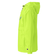 Ukrainian Vibe Trizub Collection women's embroidered Champion jacket in neon green, packable with hood and kangaroo pocket.