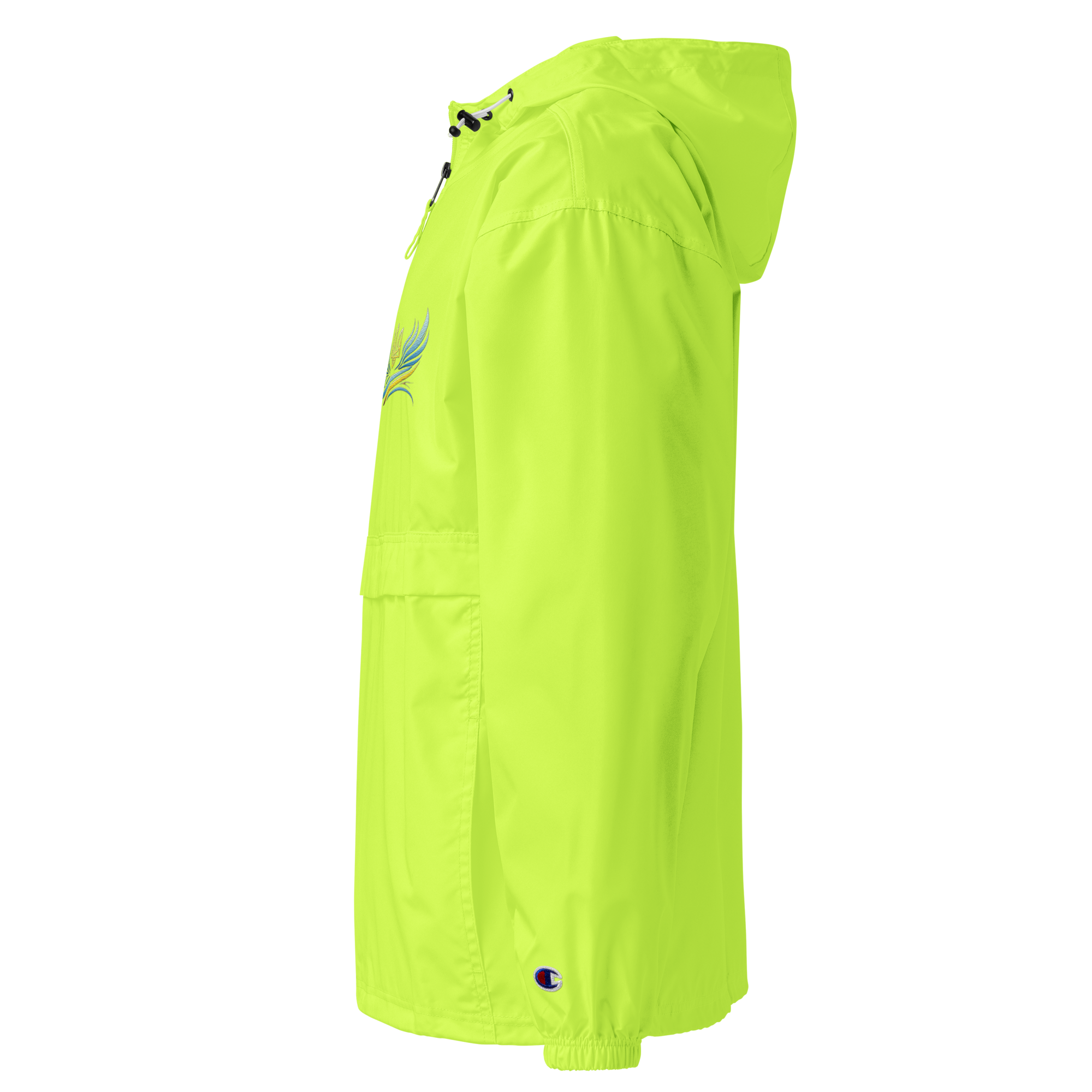 Ukrainian Vibe Trizub Collection women's embroidered Champion jacket in neon green, packable with hood and kangaroo pocket.