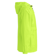 Side view of a bright green Champion packable jacket with hood from the Ukrainian Vibe Trizub Collection for women.