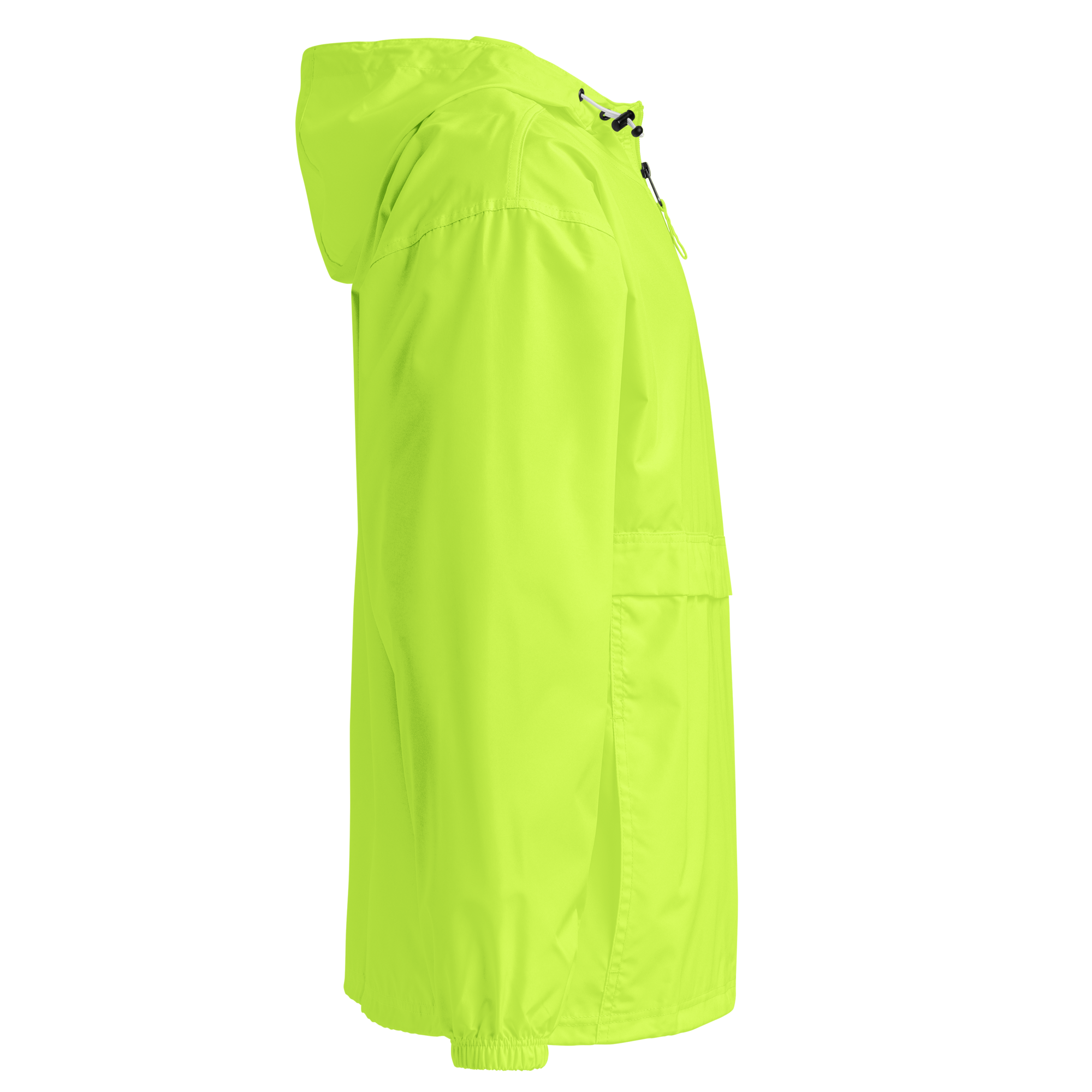 Side view of a bright green Champion packable jacket with hood from the Ukrainian Vibe Trizub Collection for women.
