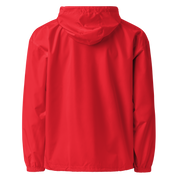 Red embroidered Champion packable jacket for women from Ukrainian Vibe Trizub Collection, shown from the back view.