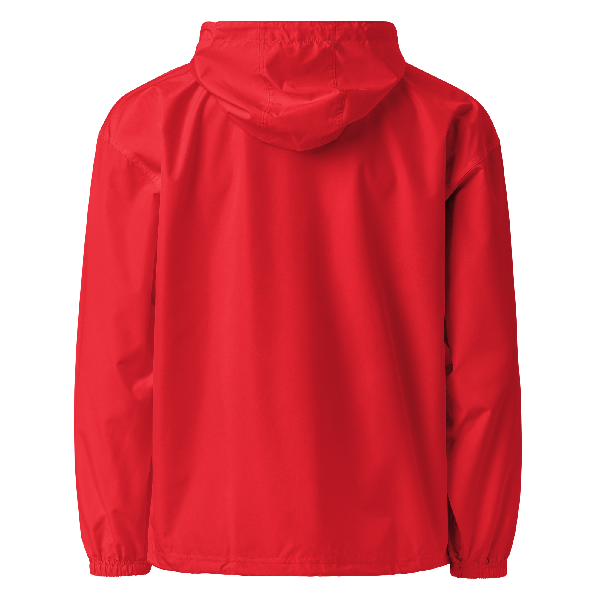 Red embroidered Champion packable jacket for women from Ukrainian Vibe Trizub Collection, shown from the back view.