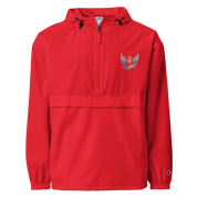 Red embroidered Champion packable jacket from Ukrainian Vibe Trizub Collection with hood and kangaroo pocket.