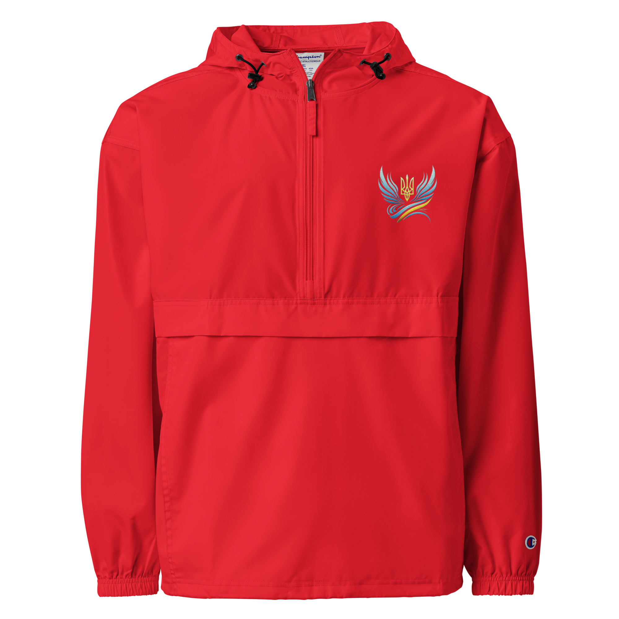 Red embroidered Champion packable jacket from Ukrainian Vibe Trizub Collection with hood and kangaroo pocket.