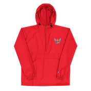 Red embroidered Champion packable jacket for women from Ukrainian Vibe Trizub Collection with hood and kangaroo pocket.