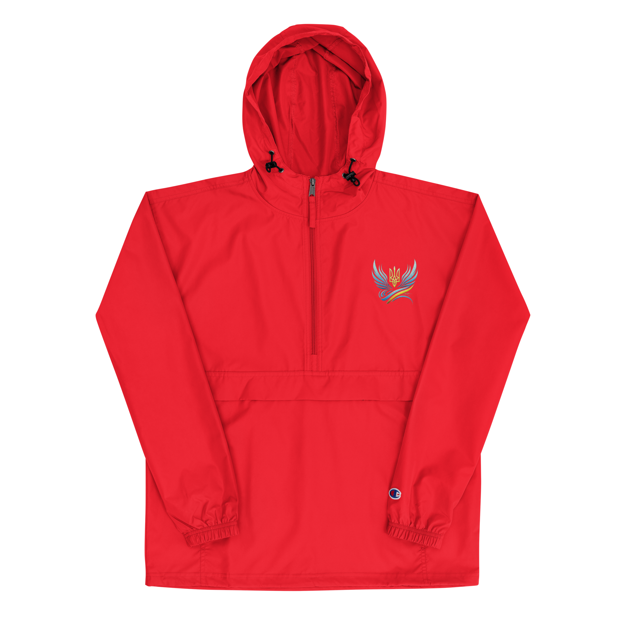 Red embroidered Champion packable jacket for women from Ukrainian Vibe Trizub Collection with hood and kangaroo pocket.