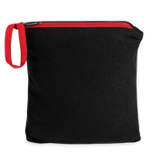 Compact storage pouch for Ukrainian Vibe Trizub Collection wind-resistant jacket, black with red zipper.