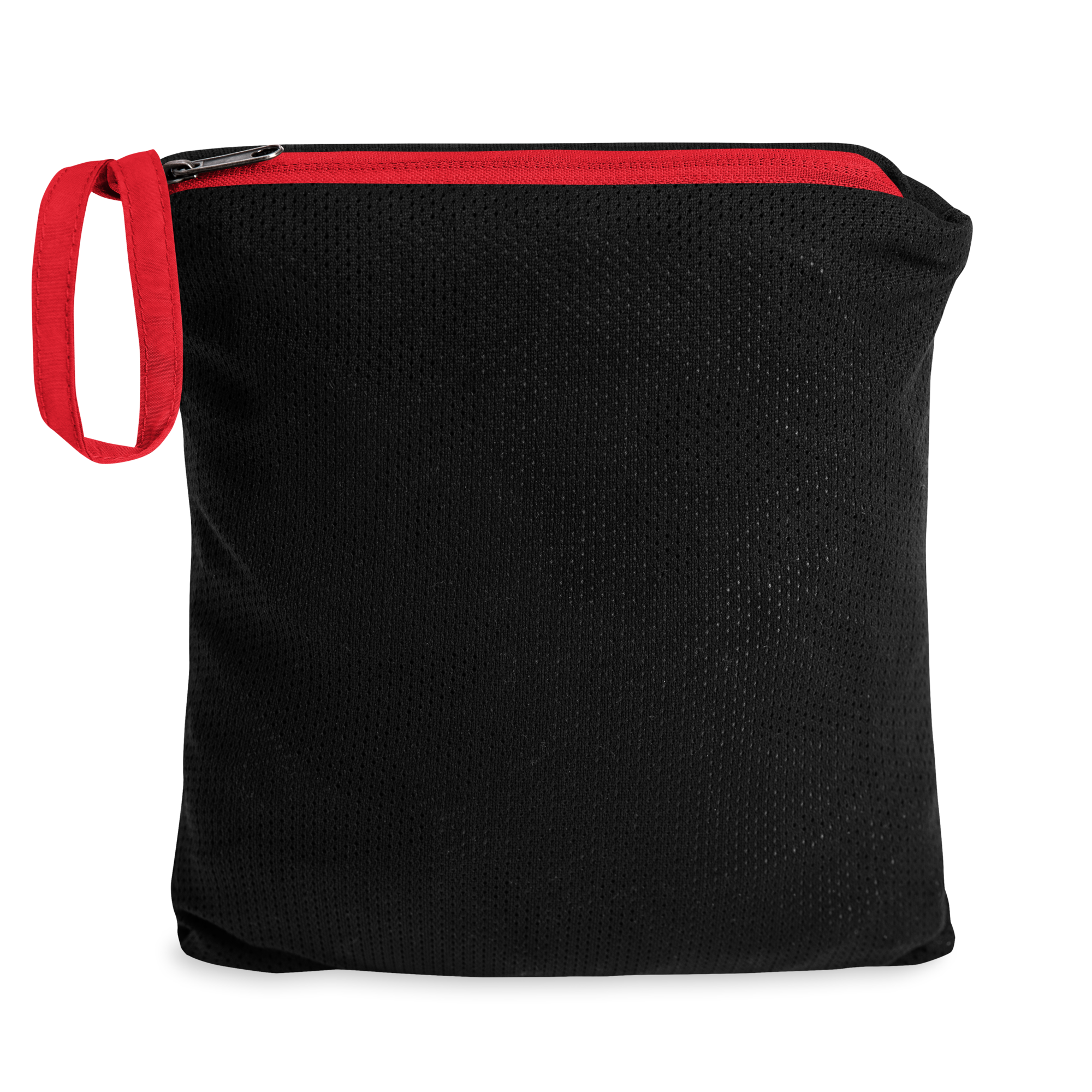 Compact storage pouch for Ukrainian Vibe Trizub Collection wind-resistant jacket, black with red zipper.