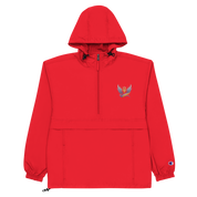 Red embroidered Champion packable jacket from Ukrainian Vibe Trizub Collection with hood and kangaroo pocket.