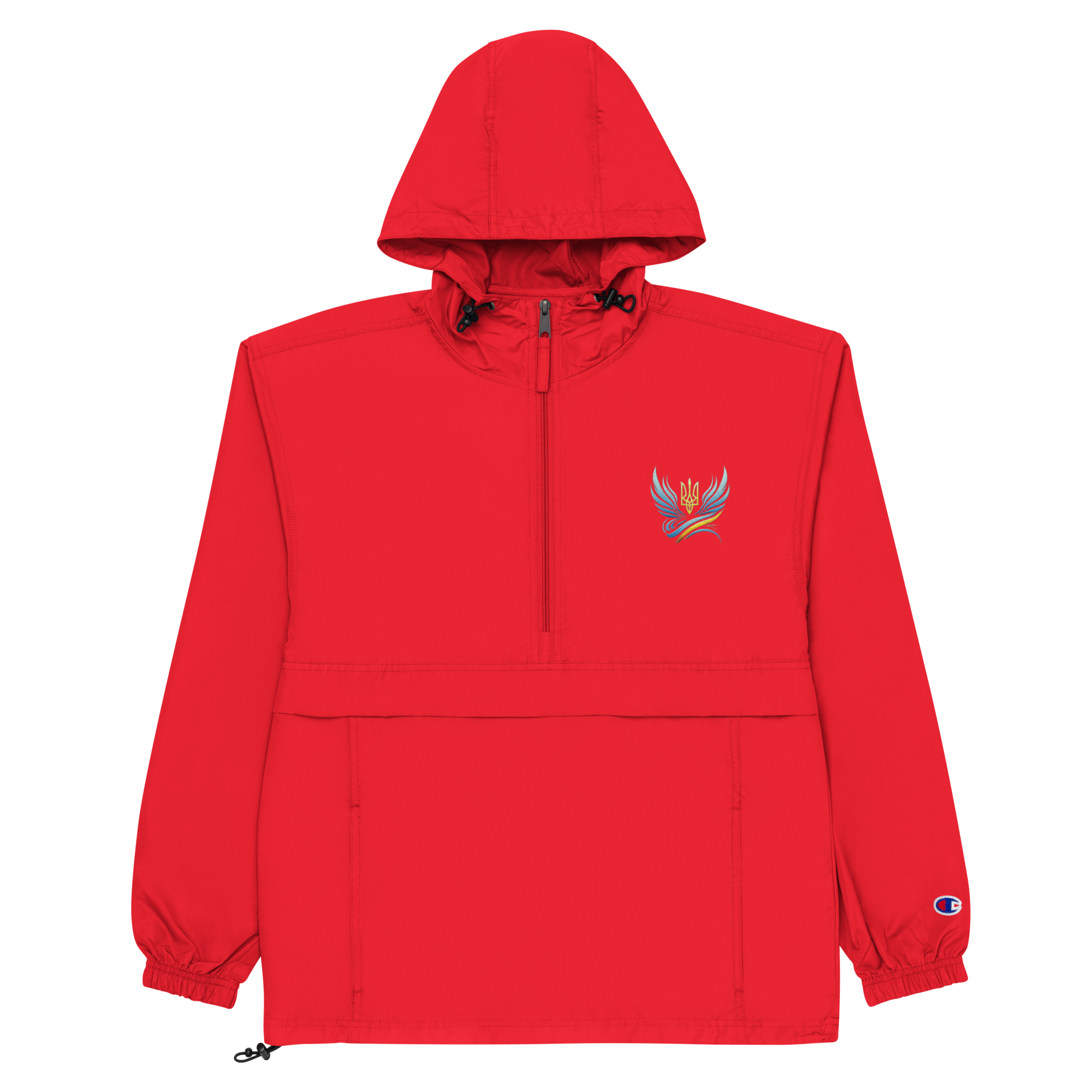 Red embroidered Champion packable jacket from Ukrainian Vibe Trizub Collection with hood and kangaroo pocket.
