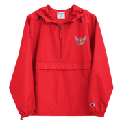Champion red packable jacket from Ukrainian Vibe Trizub Collection with hood and embroidery, showcasing wind-resistant polyester.