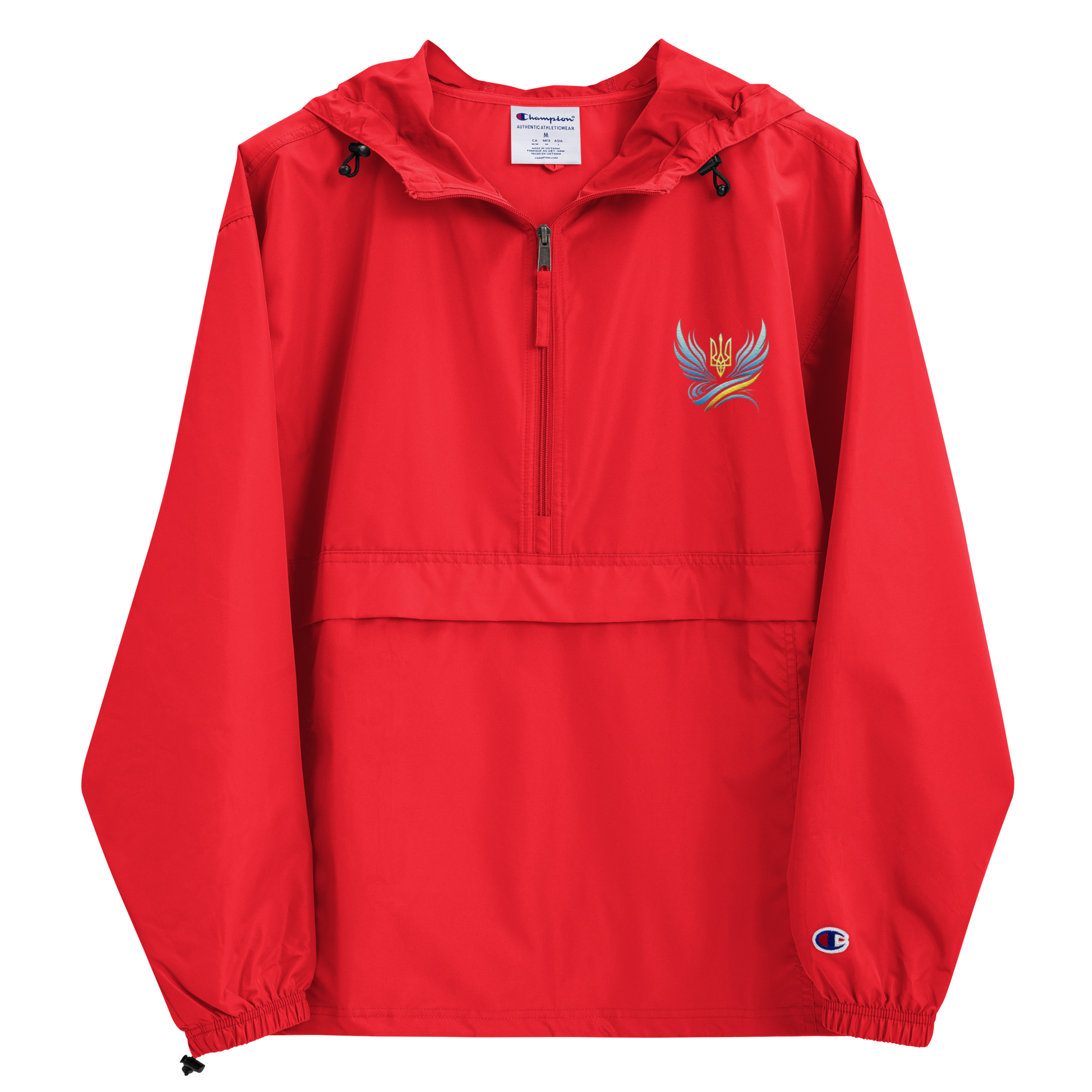 Champion red packable jacket from Ukrainian Vibe Trizub Collection with hood and embroidery, showcasing wind-resistant polyester.
