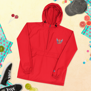 Ukrainian Vibe Trizub Collection red embroidered Champion packable jacket with hood, kangaroo pocket, and zipped pouch.