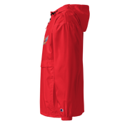 Red embroidered Champion packable jacket with hood from the Ukrainian Vibe Trizub Collection, side view.