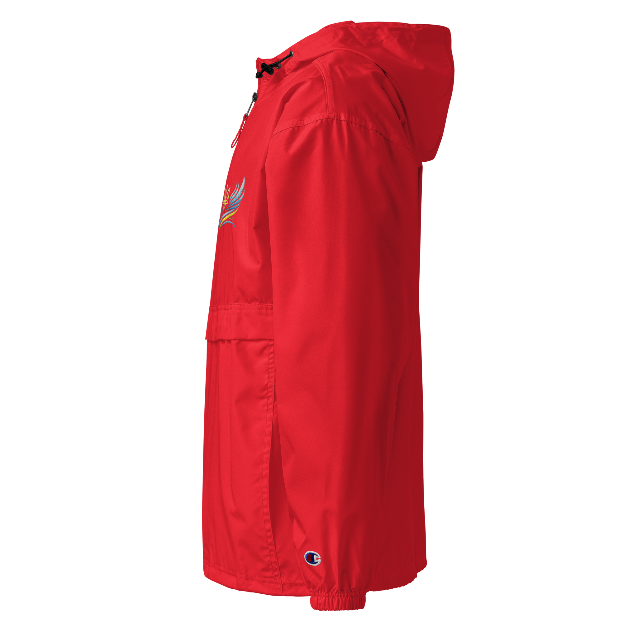 Red embroidered Champion packable jacket with hood from the Ukrainian Vibe Trizub Collection, side view.