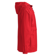 Side view of Ukrainian Vibe Trizub Collection embroidered red packable Champion jacket for women with hood and kangaroo pocket.