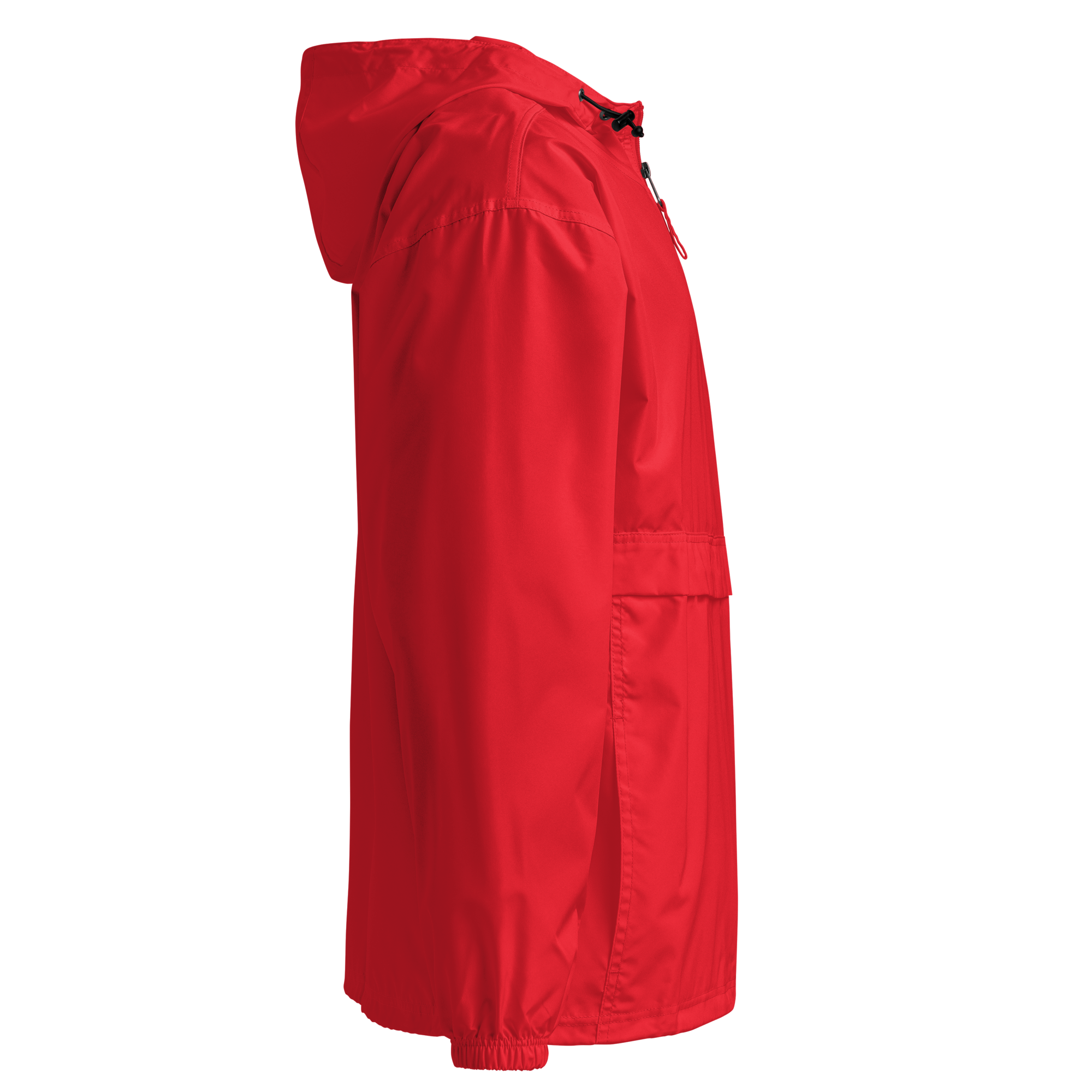 Side view of Ukrainian Vibe Trizub Collection embroidered red packable Champion jacket for women with hood and kangaroo pocket.