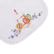 Embroidered linen Easter napkin with Ukrainian design, featuring colorful eggs and floral patterns, perfect for basket or table decor.