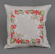 Embroidered linen pillowcase with guelder rose design, 40x40 cm, featuring red and green floral details—ideal for decor or gifting.