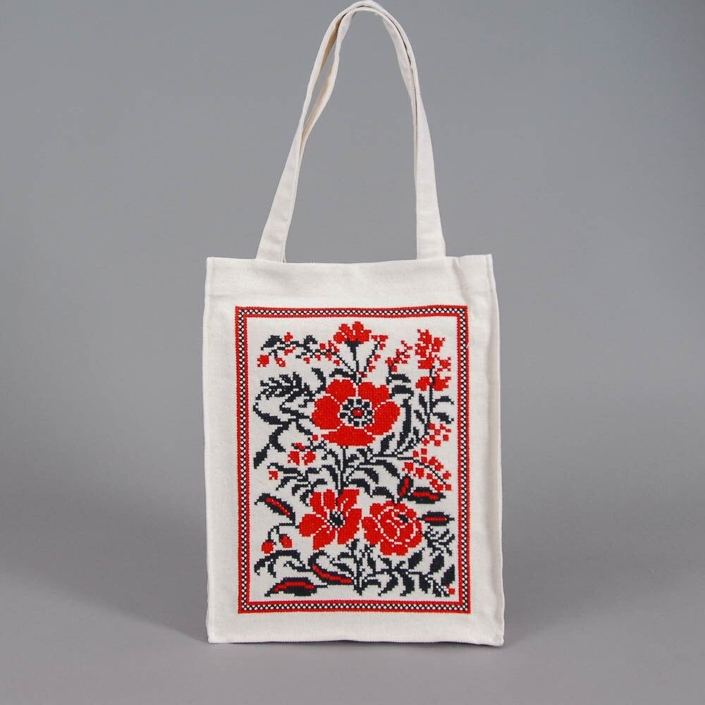 Embroidered linen tote bag with red floral design, eco-friendly summer beach accessory, organic gift for her or mother.
