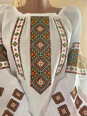 Traditional Ukrainian vyshyvanka blouse with colorful embroidery on white linen, showcasing Carpathian craftsmanship.