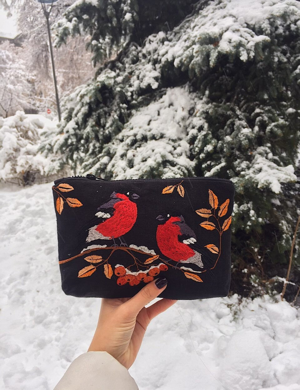 Person holding an embroidered makeup bag with Ukrainian bird pattern in snowy forest setting