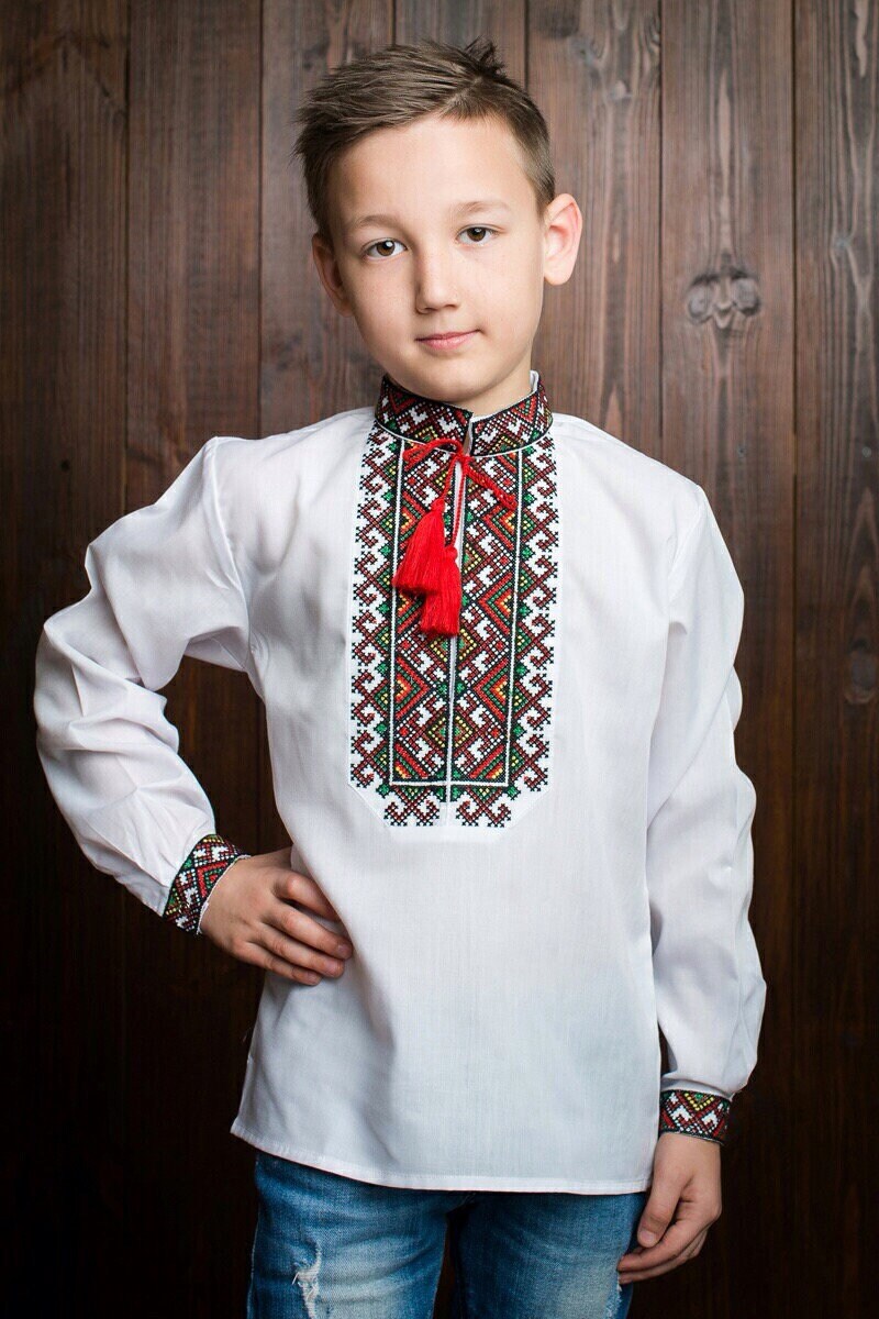 Boy wearing traditional embroidered Ukrainian vyshyvanka shirt, featuring classic patterns and a red tassel on a wooden background.