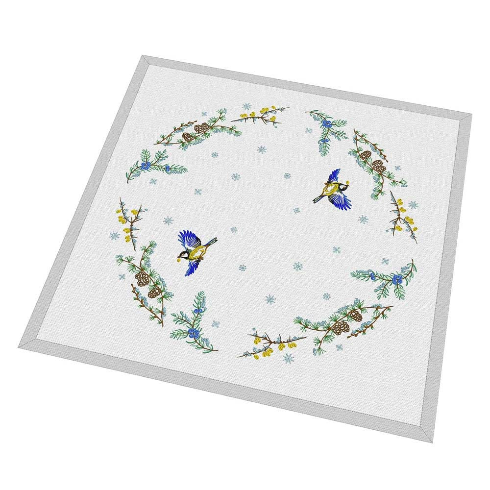 Square linen tablecloth with embroidered birds and floral design